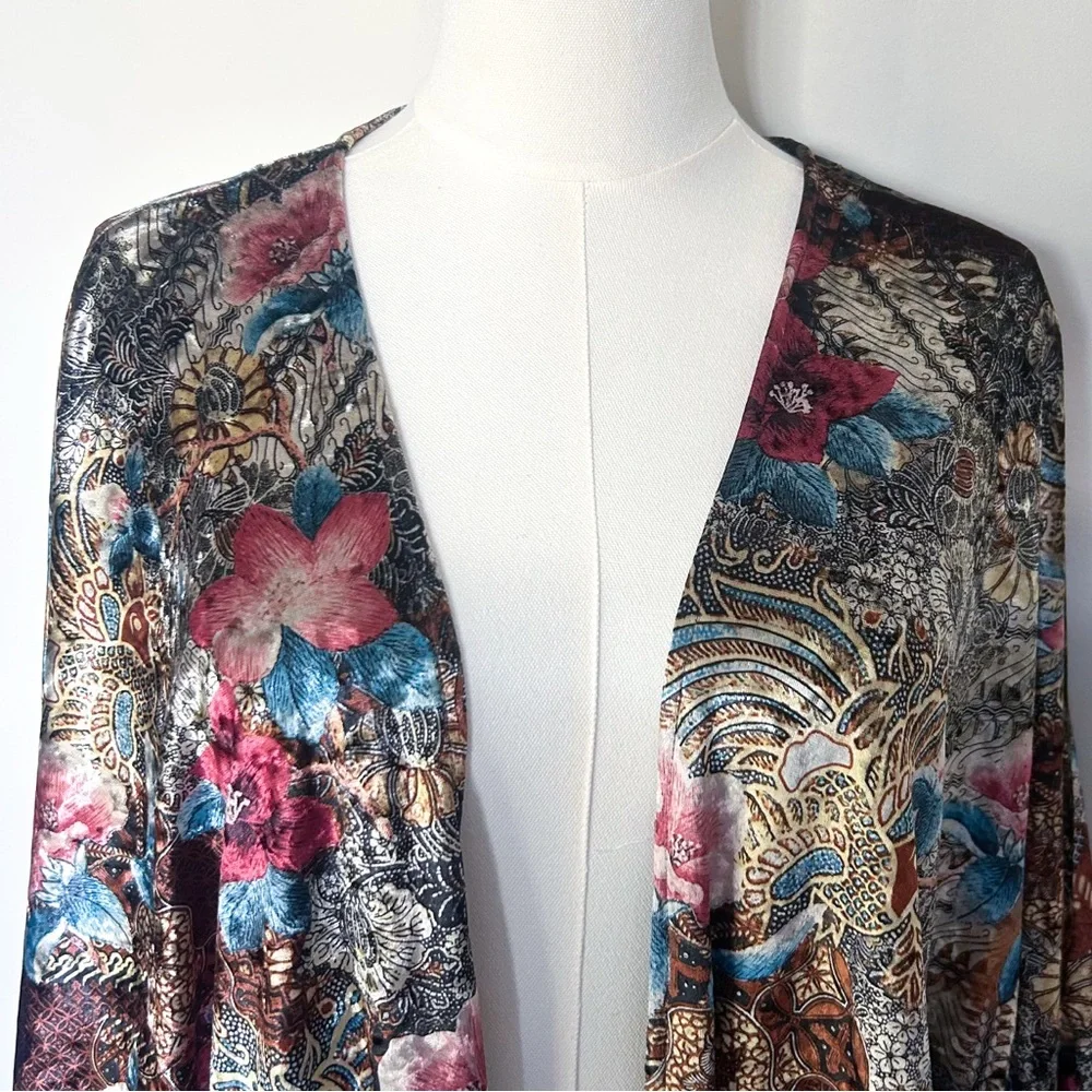 Umgee Floral Burnout Velvet Cape Poncho Kimono Wrap Cobalt Blue Fringe Large